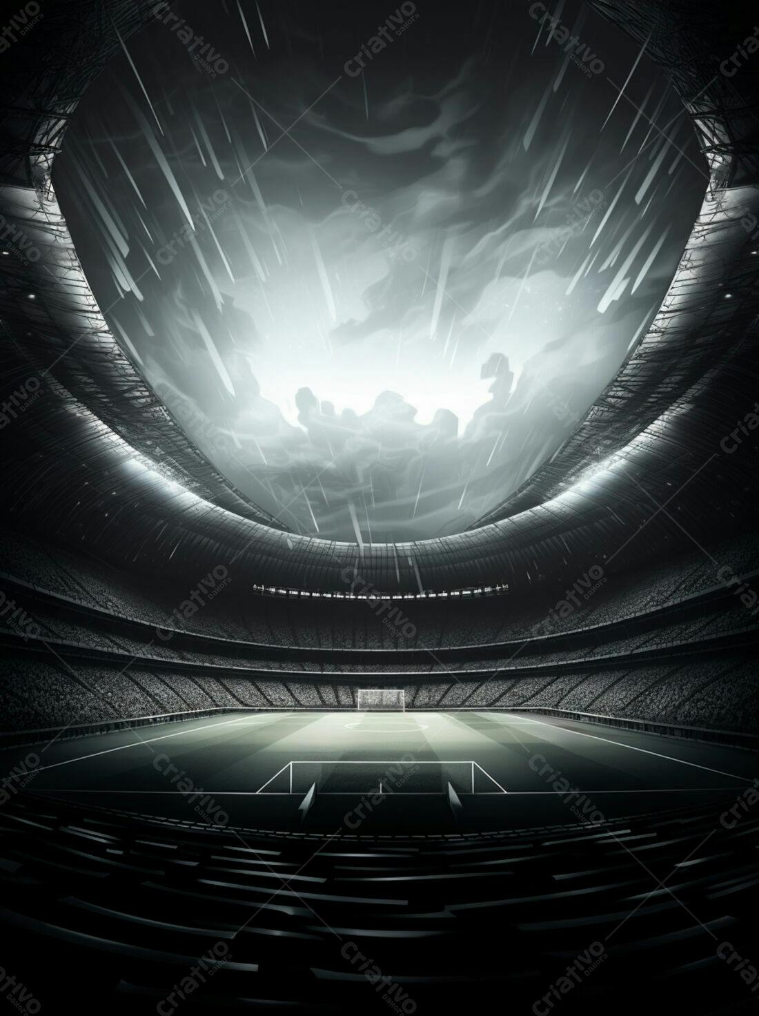 Estádio de futebol vazio sob céu dramático
