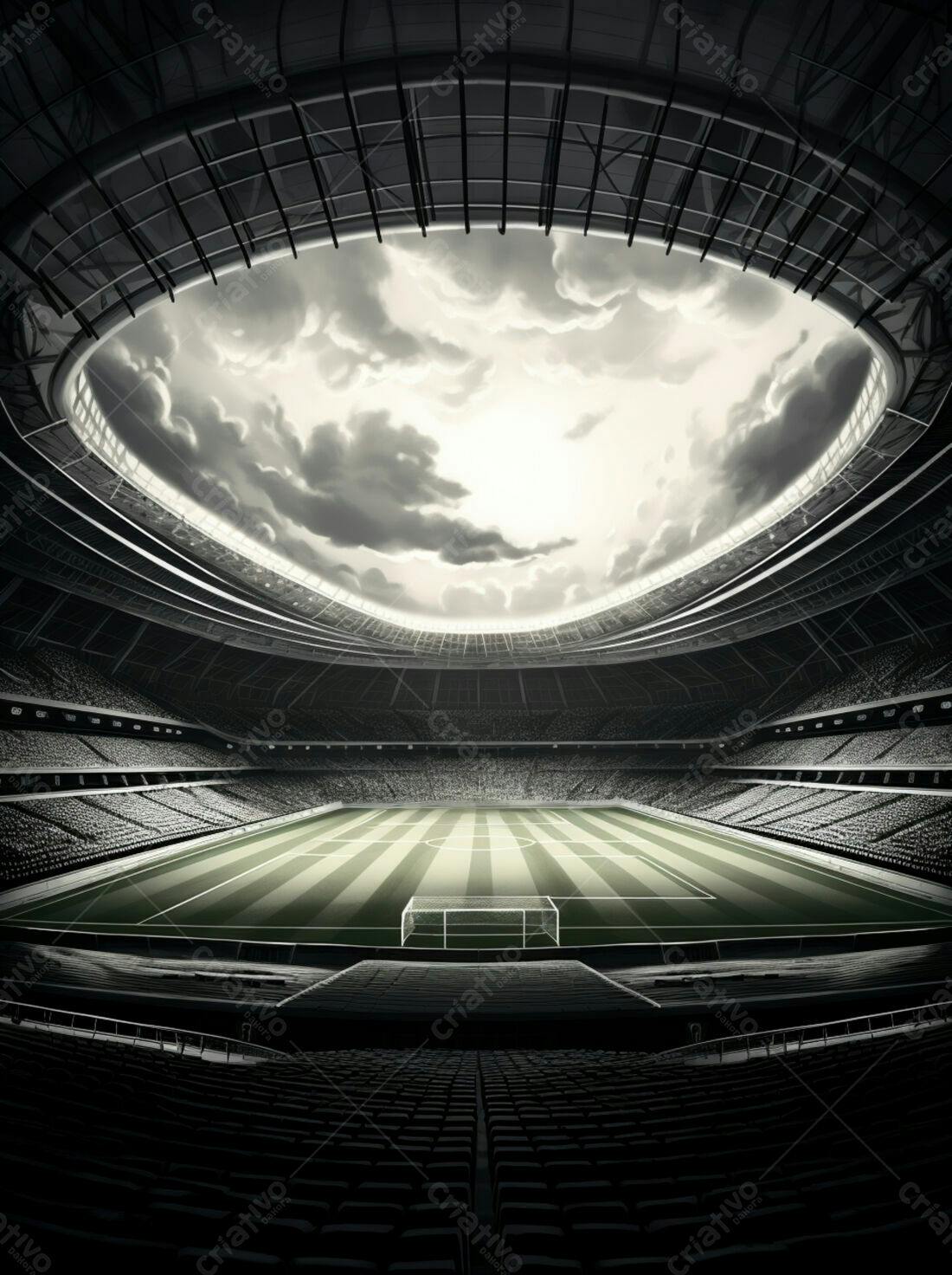 Estádio de futebol vazio sob céu nublado
