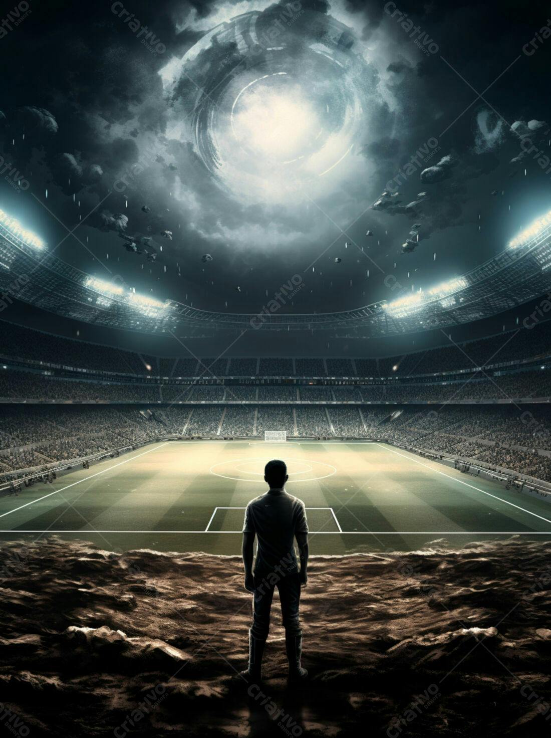Jogador de futebol em estádio noturno