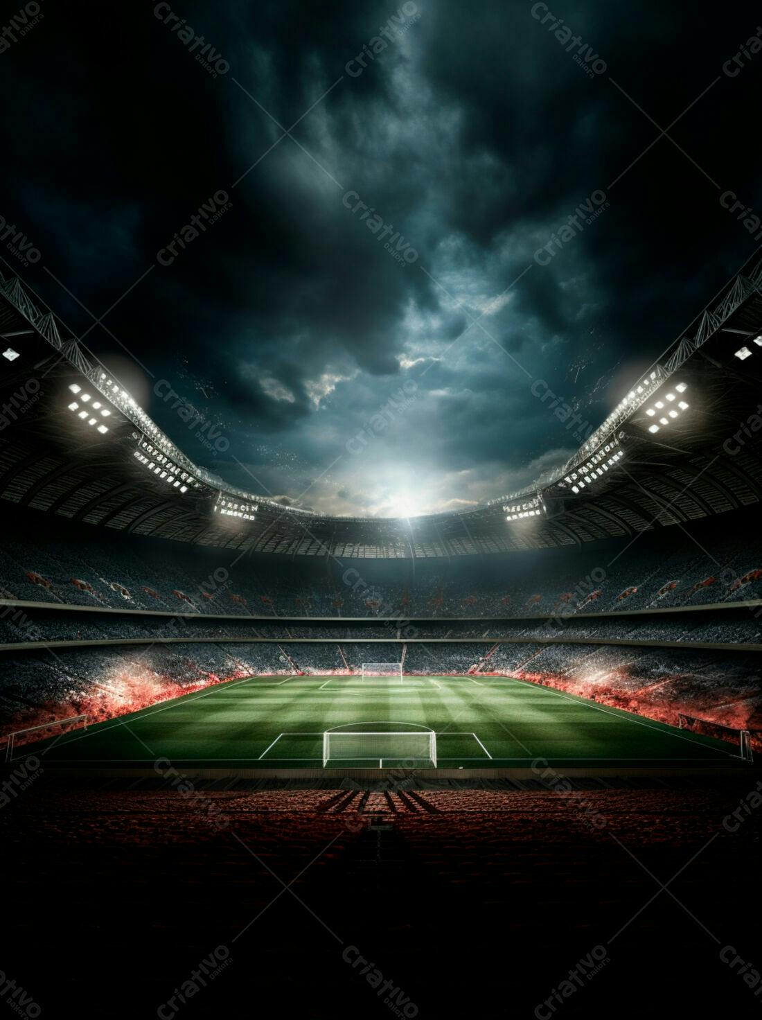 Estádio de futebol noturno sob tempestade