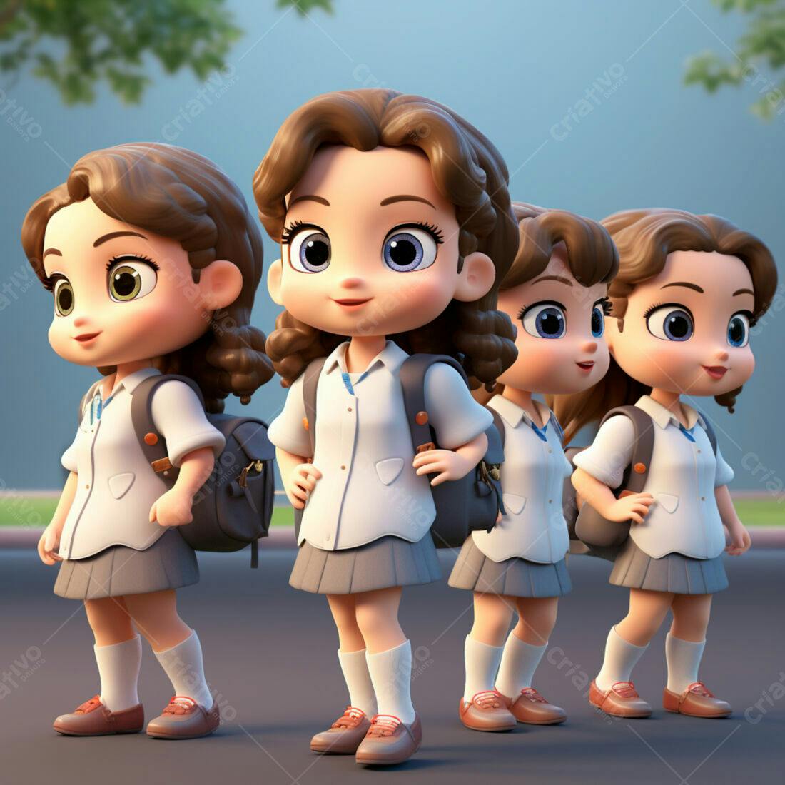 Meninas animadas indo para escola uniforme cinza