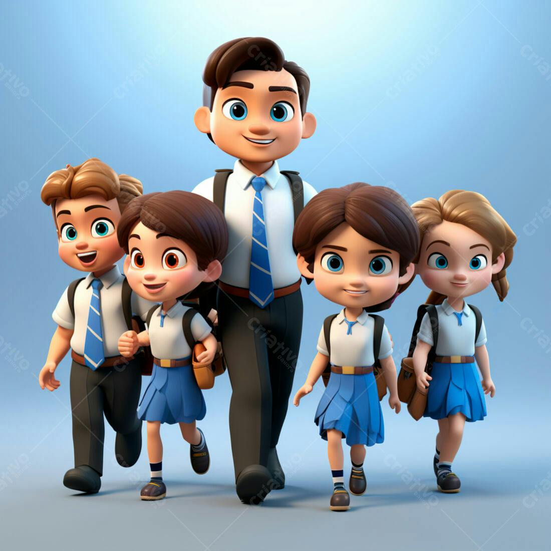 Professor e alunos indo para escola em 3D