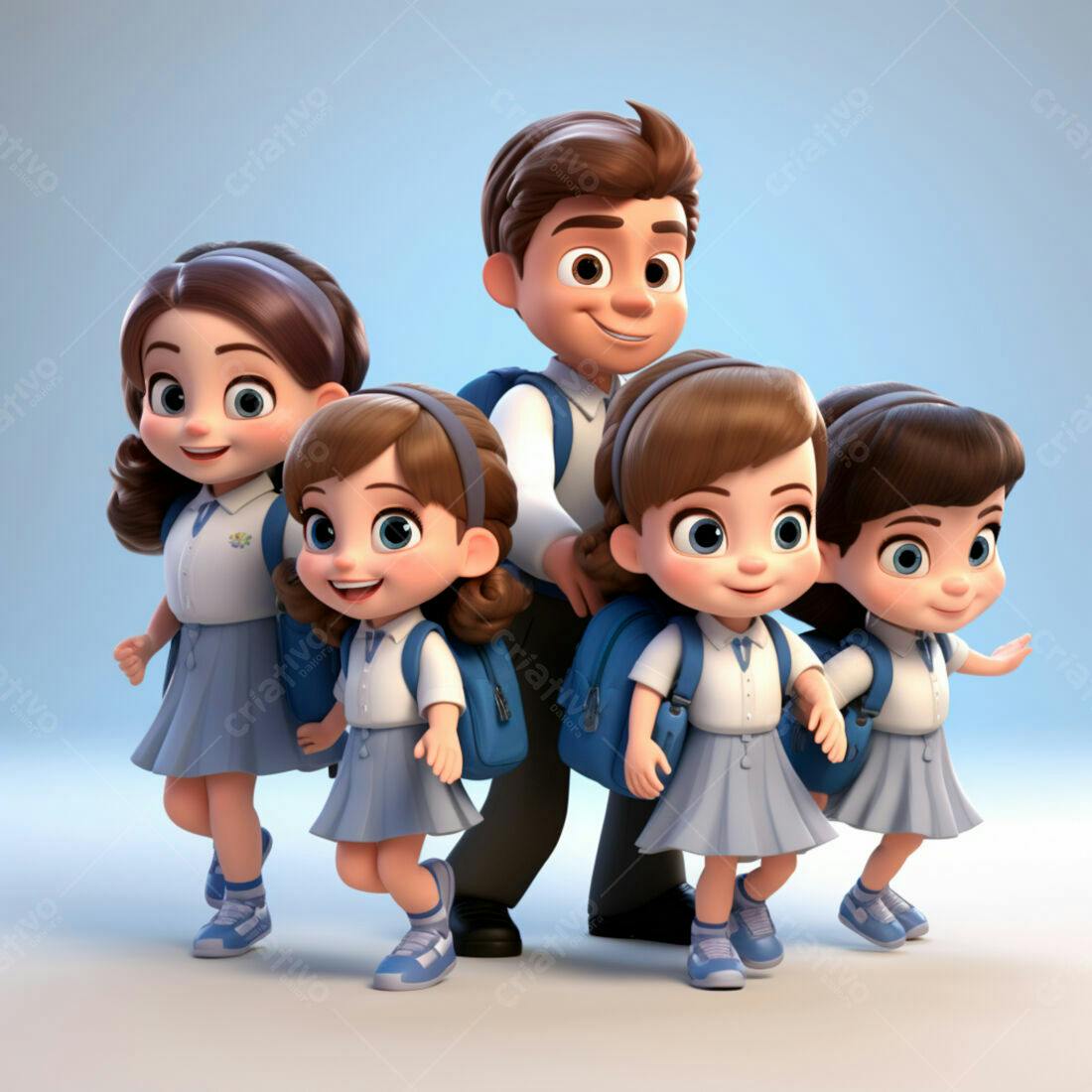 Crianças felizes indo para escola em uniforme azul