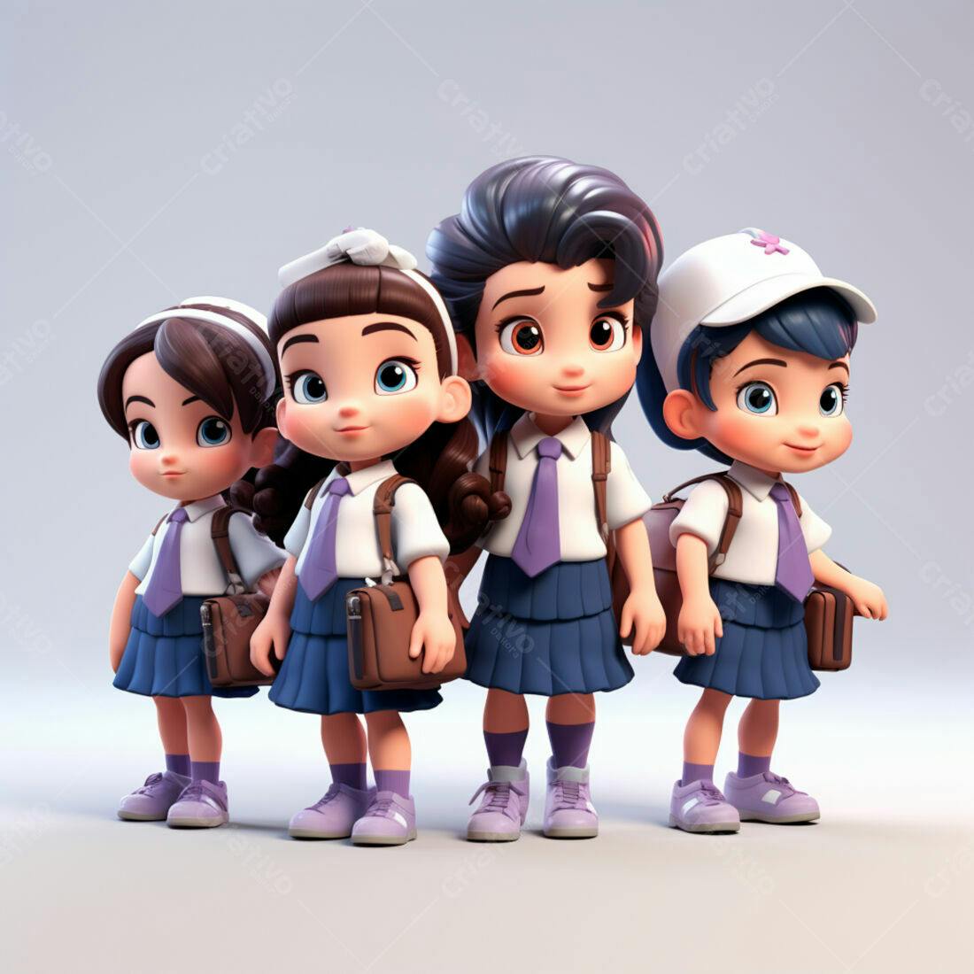 Alunas em uniforme escolar azul e lilás
