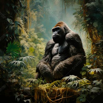 Imagem de um gorila sentado pacificamente em uma floresta verdejante 2