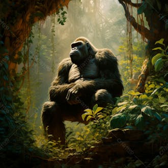 Imagem de um gorila sentado pacificamente em uma floresta verdejante 1