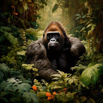 Imagem de um gorila sentado pacificamente em uma floresta verdejante 3