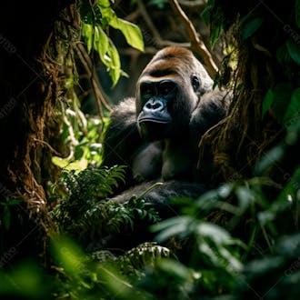 Imagem de um gorila sentado pacificamente em uma floresta verdejante 4