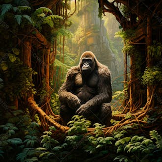 Imagem de um gorila sentado pacificamente em uma floresta verdejante 5