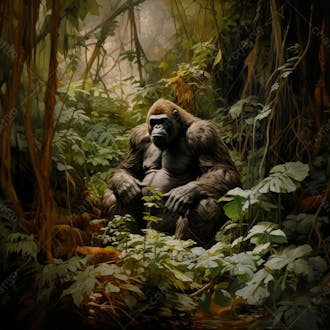 Imagem de um gorila sentado pacificamente em uma floresta verdejante 6