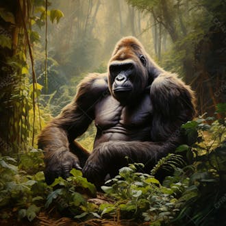 Imagem de um gorila sentado pacificamente em uma floresta verdejante 7