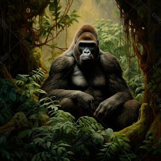 Imagem de um gorila sentado pacificamente em uma floresta verdejante 8