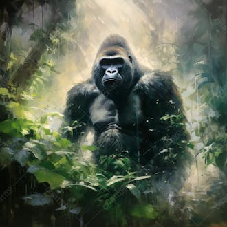 Imagem de um gorila sentado pacificamente em uma floresta verdejante 9