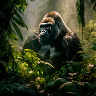 Imagem de um gorila sentado pacificamente em uma floresta verdejante 11