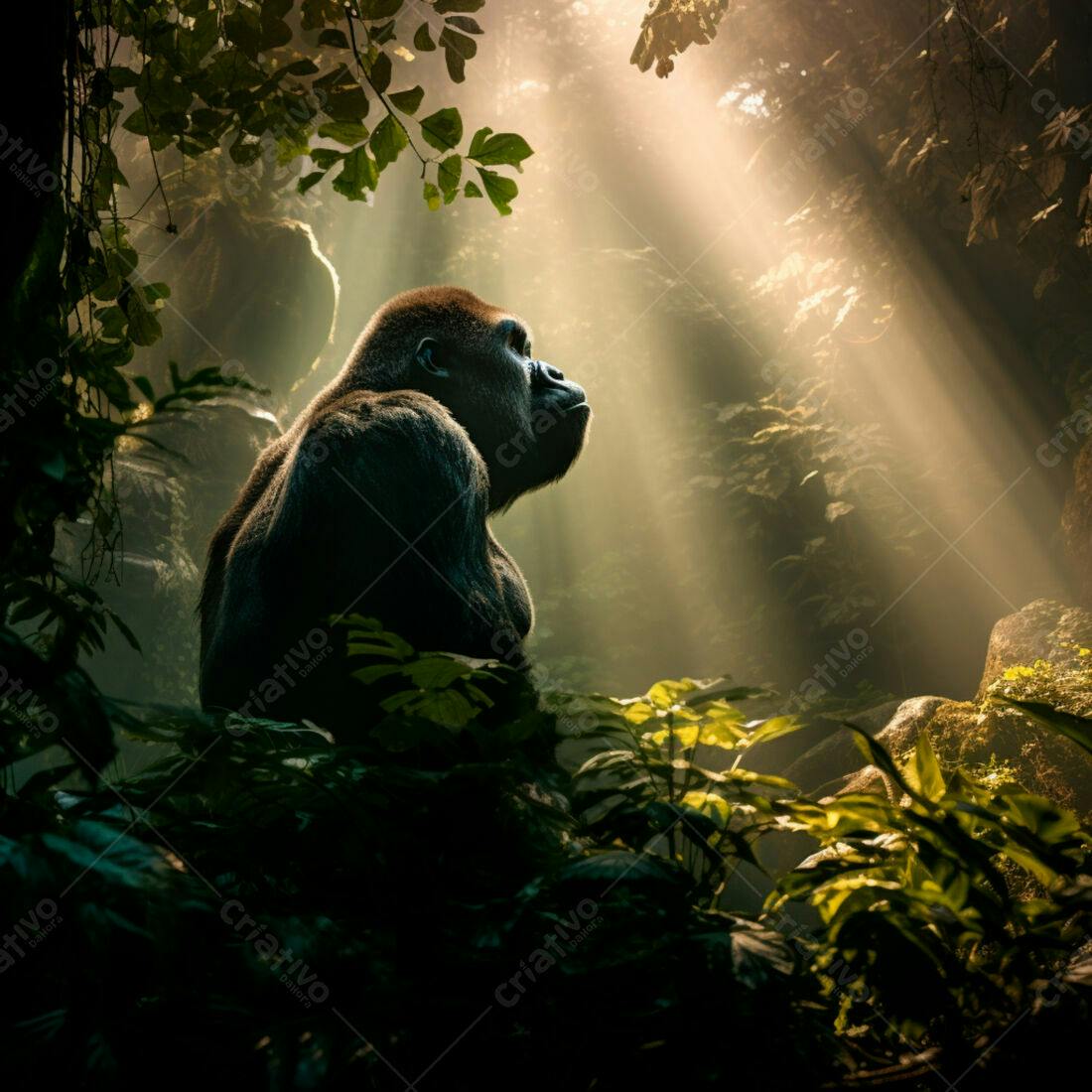 Gorila na Floresta Tropical ao Amanhecer