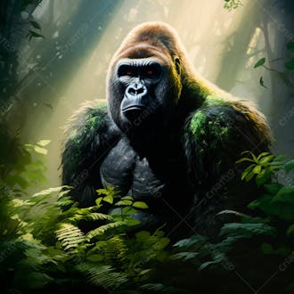 Imagem de um gorila sentado pacificamente em uma floresta verdejante 13