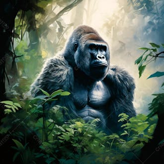 Imagem de um gorila sentado pacificamente em uma floresta verdejante 15