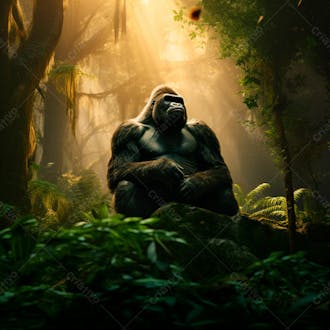 Imagem de um gorila sentado pacificamente em uma floresta verdejante 17