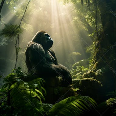 Imagem de um gorila sentado pacificamente em uma floresta verdejante 18