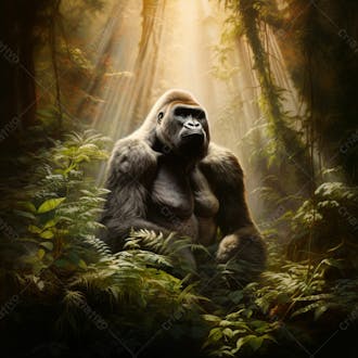 Imagem de um gorila sentado pacificamente em uma floresta verdejante 19