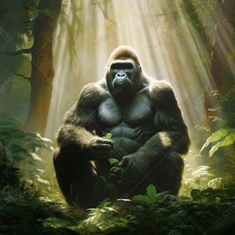 Imagem de um gorila sentado pacificamente em uma floresta verdejante 20