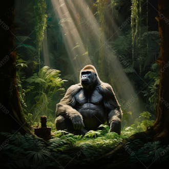 Imagem de um gorila sentado pacificamente em uma floresta verdejante 22