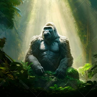Imagem de um gorila sentado pacificamente em uma floresta verdejante 23