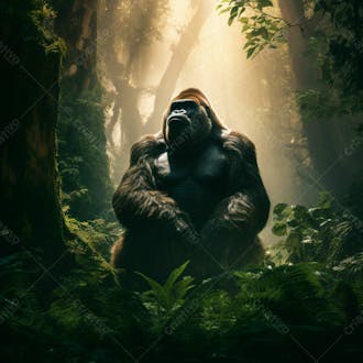 Imagem de um gorila sentado pacificamente em uma floresta verdejante 25