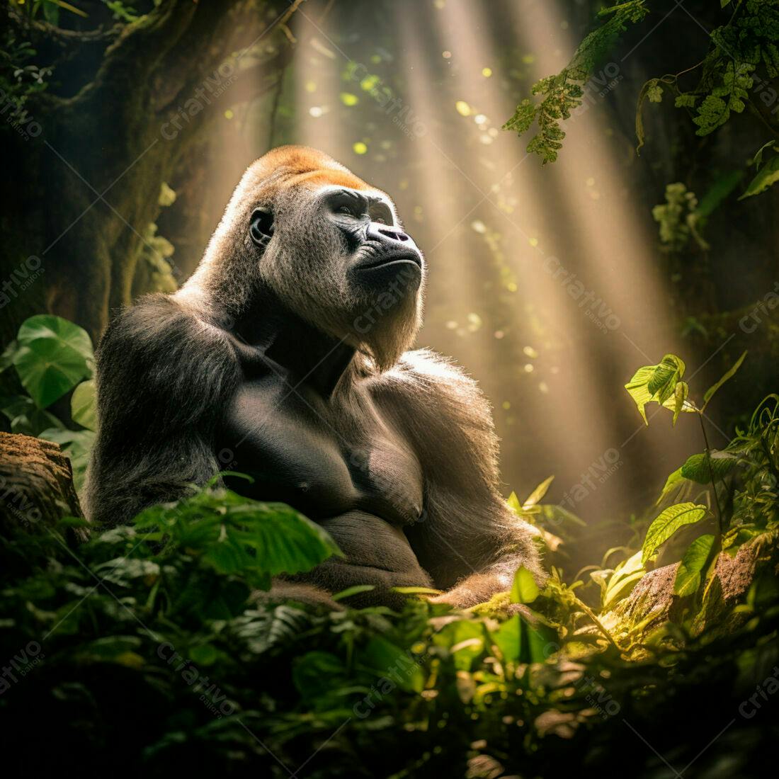 Gorila contemplativo em floresta tropical
