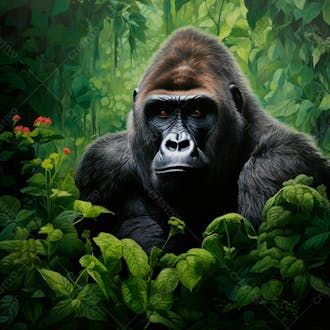 Imagem de um gorila sentado pacificamente em uma floresta verdejante 32