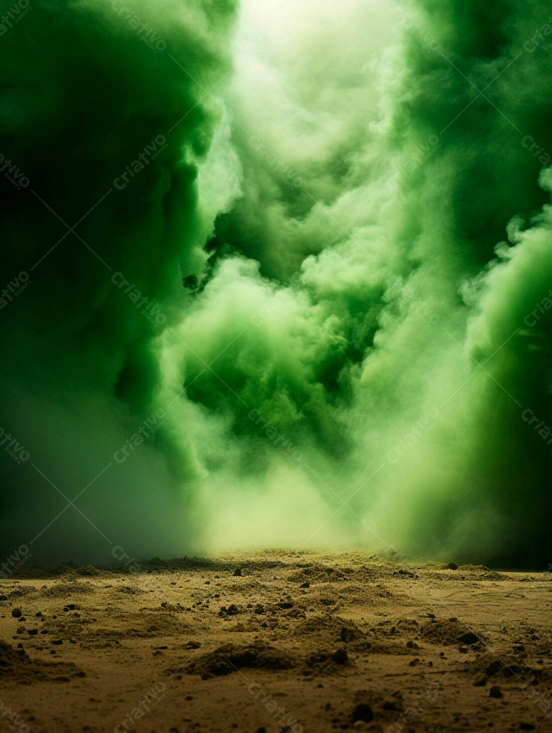 Nuvem de fumaça verde sobre solo árido