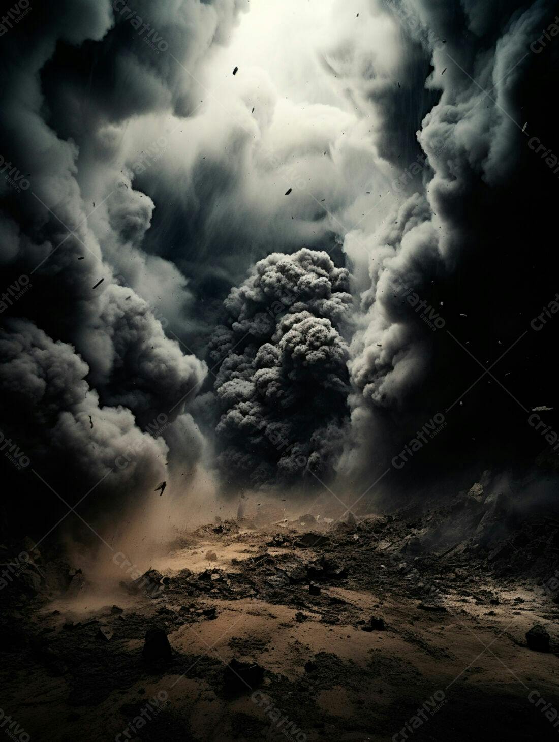 Erupção vulcânica escura e paisagem devastada