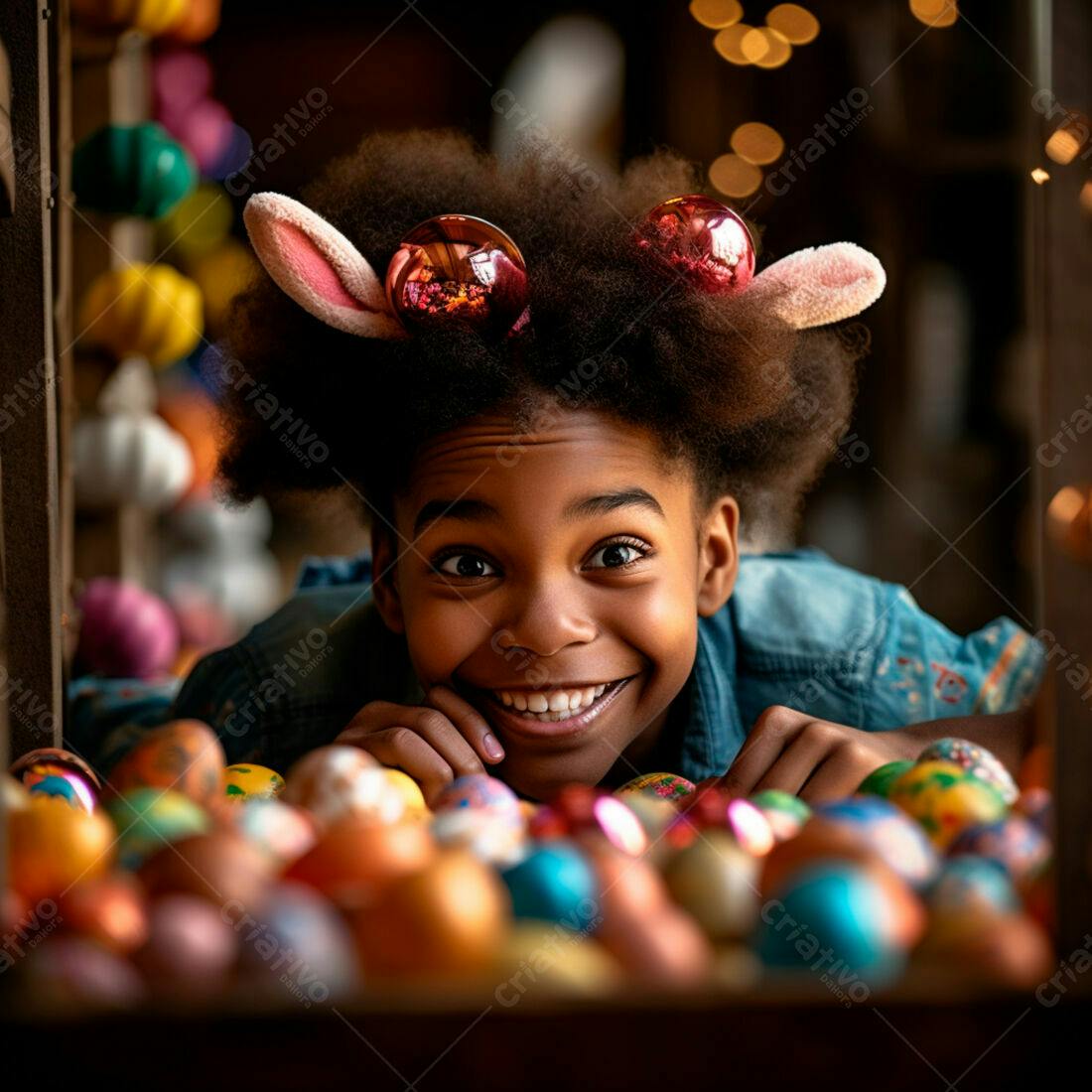 Menina feliz com orelhas de coelho e ovos de Páscoa