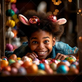 Uma garotinha alegre, usando uma faixa de orelha de coelho, cercada por ovos de páscoa 2