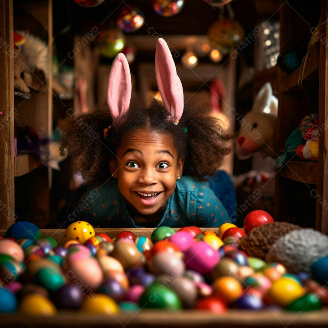 Menina negra com orelhas de coelho entre ovos coloridos da Páscoa