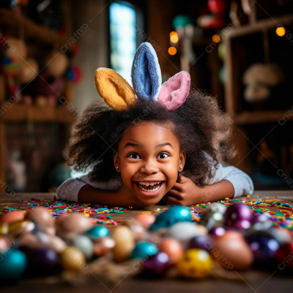 Uma Garotinha Alegre, Usando Uma Faixa De Orelha De Coelho, Cercada Por Ovos De Páscoa 4