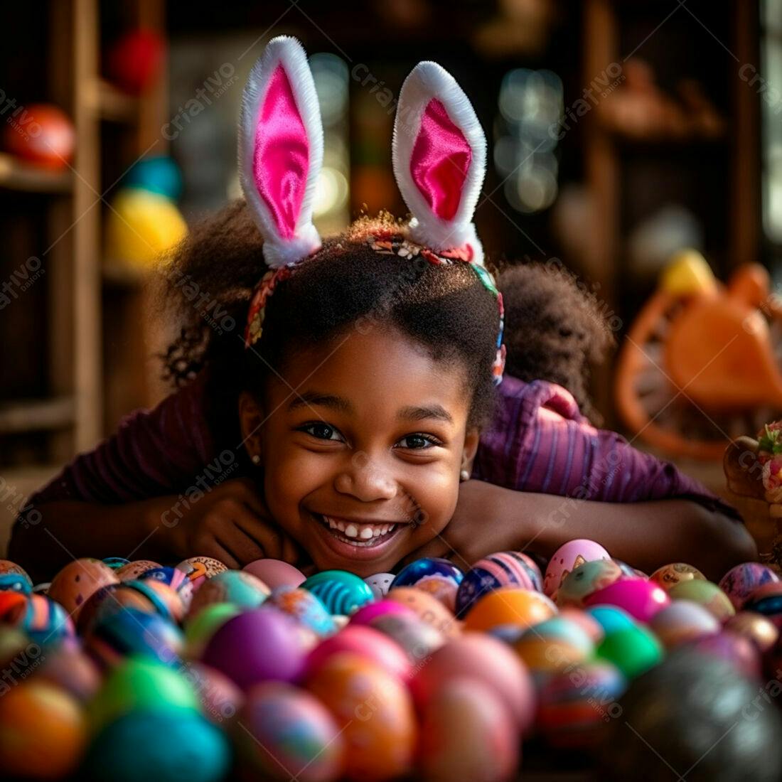 Menina feliz com orelhas de coelho e ovos de Páscoa