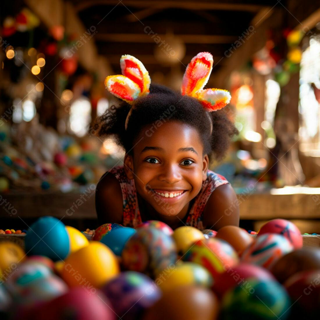 Menina feliz com orelhas de coelho e ovos de Páscoa
