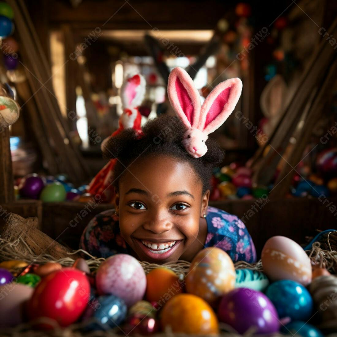 Menina negra feliz com orelhas de coelho na Páscoa