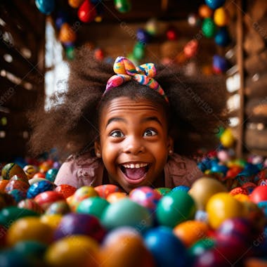 Uma garotinha alegre, usando uma faixa de orelha de coelho, cercada por ovos de páscoa 8