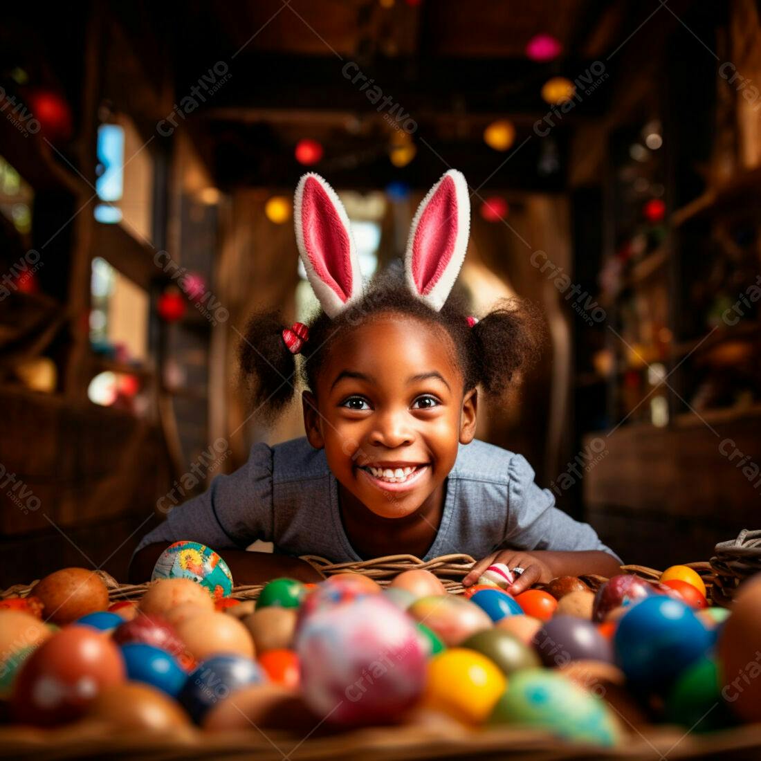 Menina negra feliz com orelhas de coelho na Páscoa