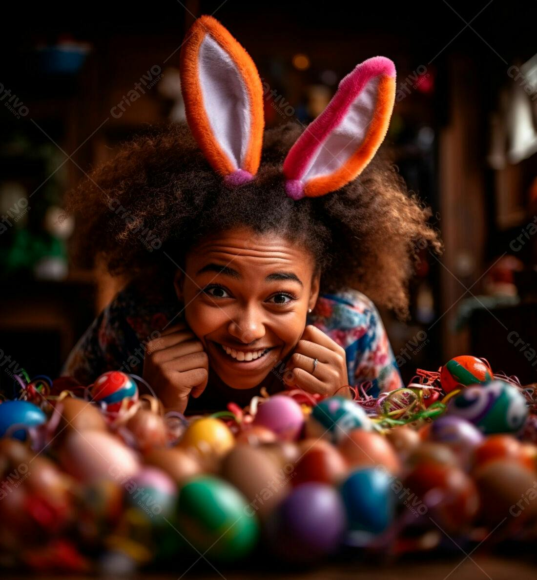 Menina feliz com orelhas de coelho e ovos de Páscoa