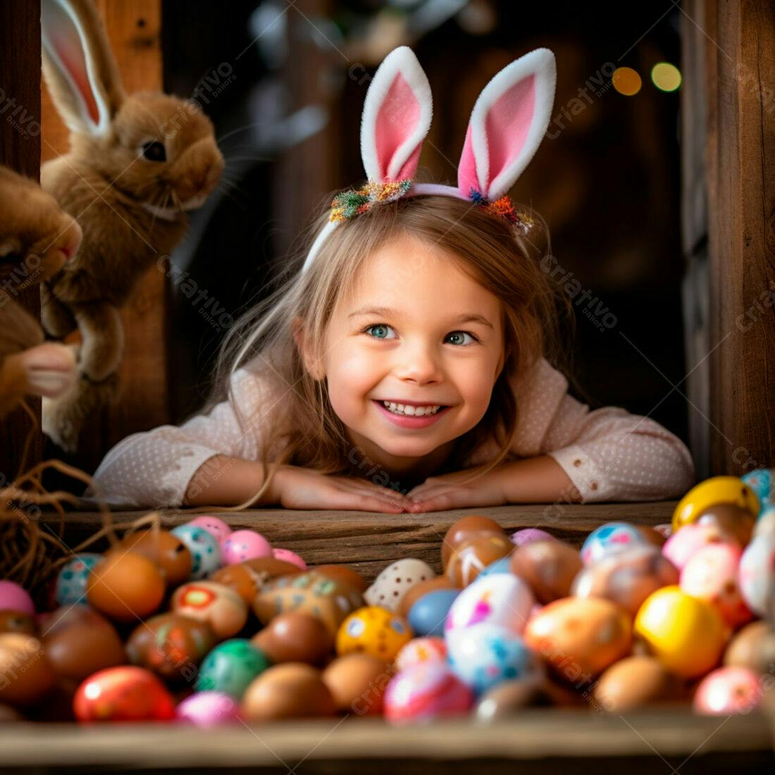 Menina feliz com orelhas de coelho e ovos de Páscoa
