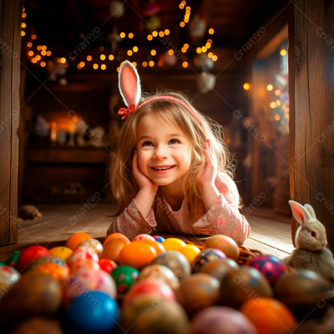 Menina feliz com orelhas de coelho e ovos de Páscoa