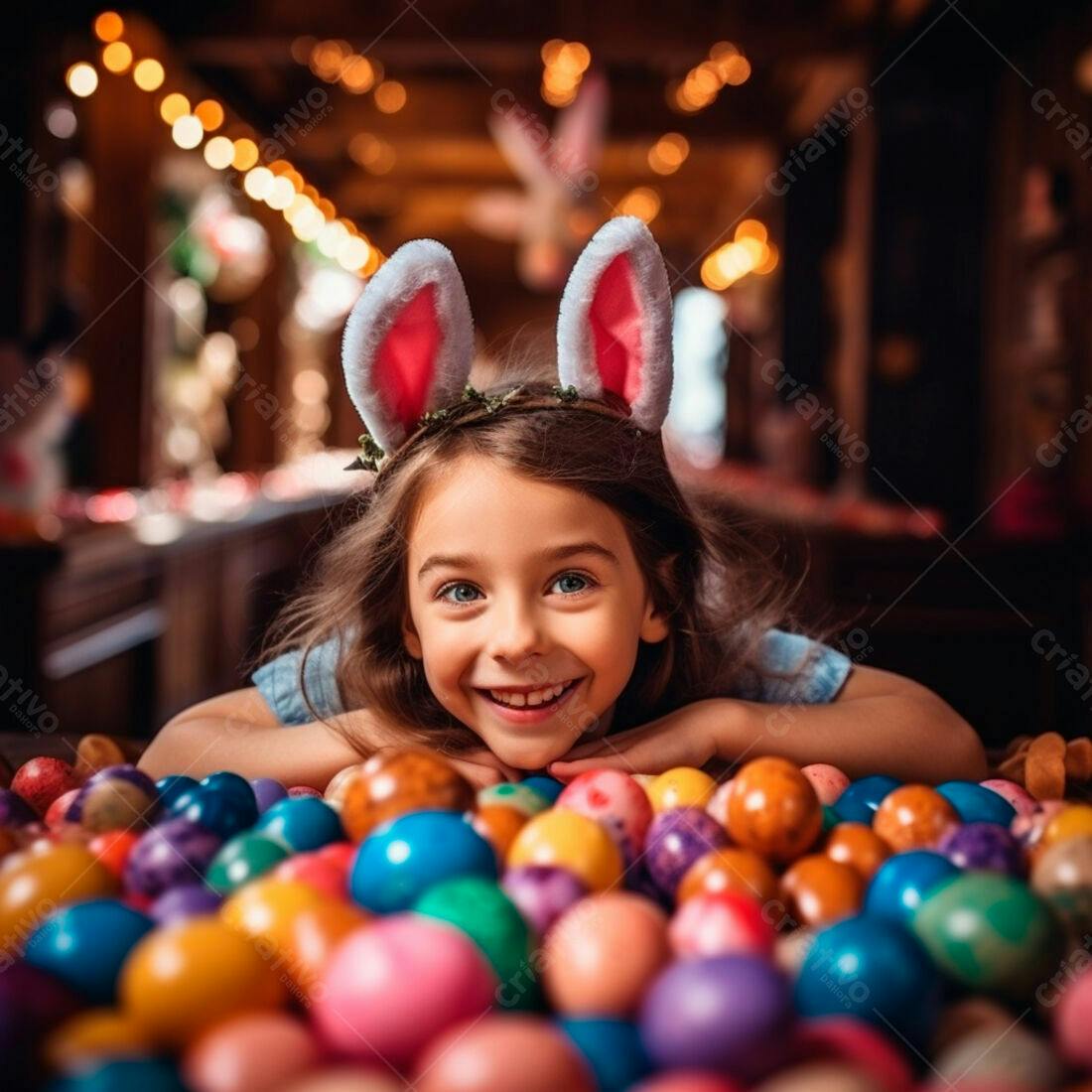 Menina sorridente com orelhas de coelho em meio a ovos de Páscoa