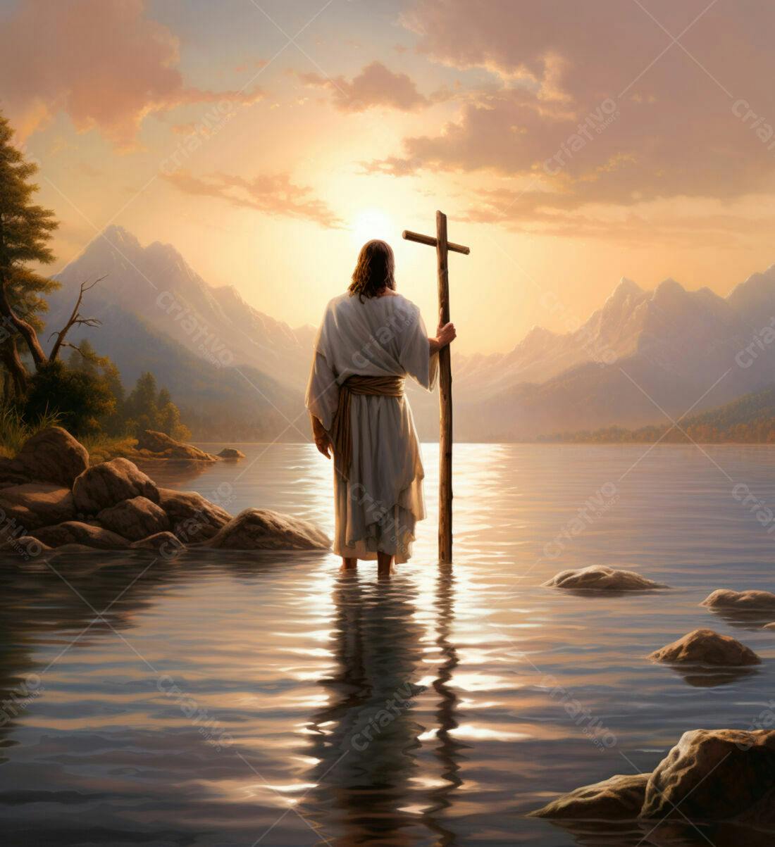 Jesus caminhando sobre as águas ao pôr do sol