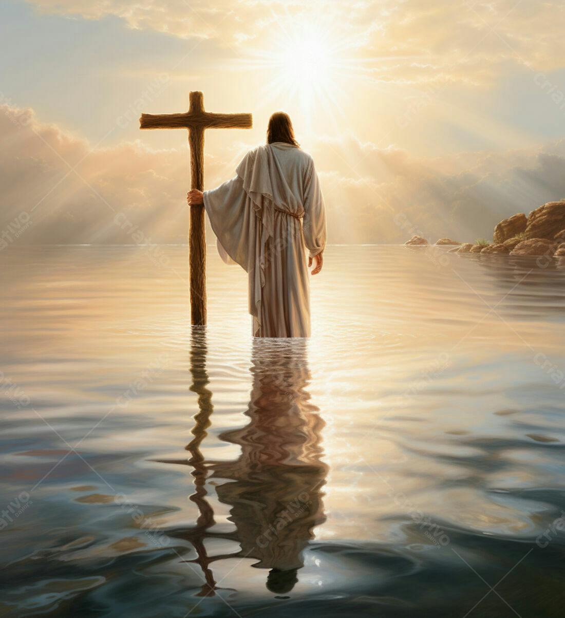 Jesus na água segurando a cruz ao amanhecer