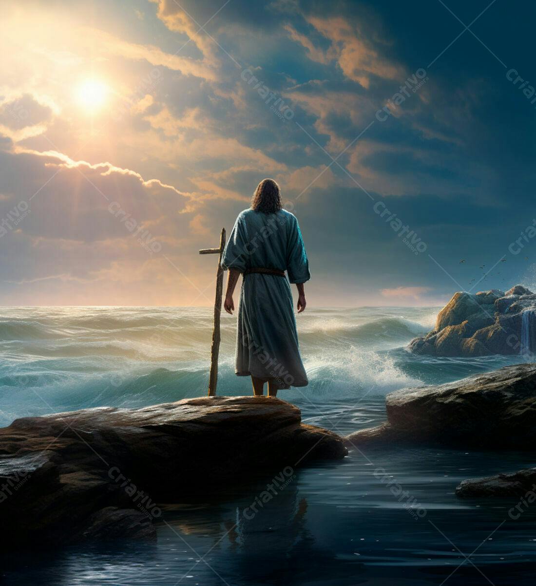 Jesus na praia ao entardecer