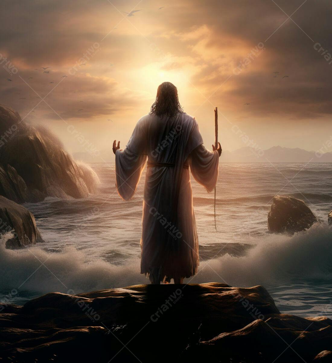Jesus na praia ao entardecer