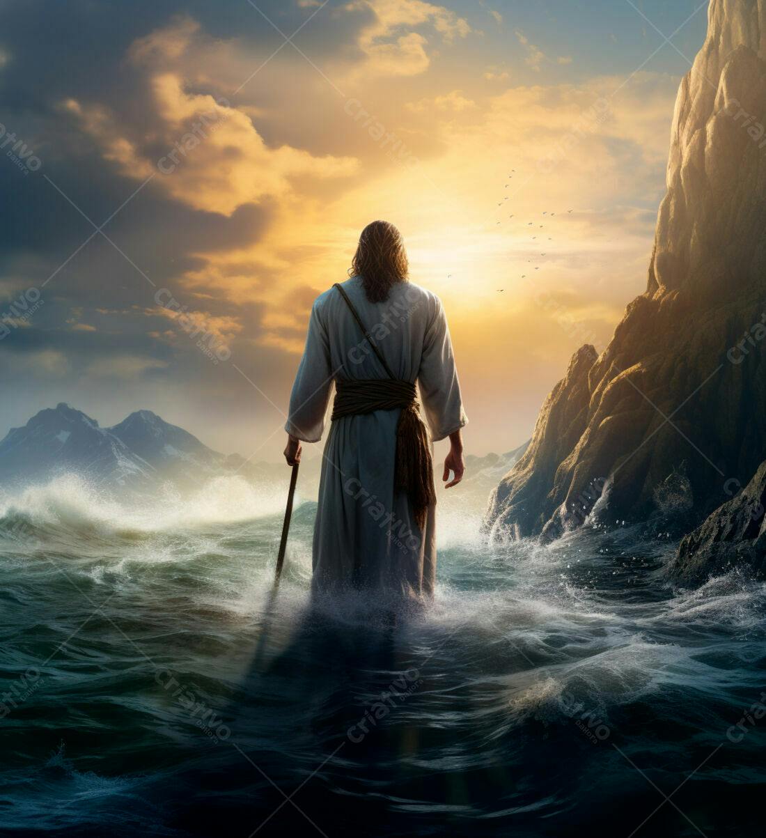 Jesus caminhando sobre as águas ao amanhecer